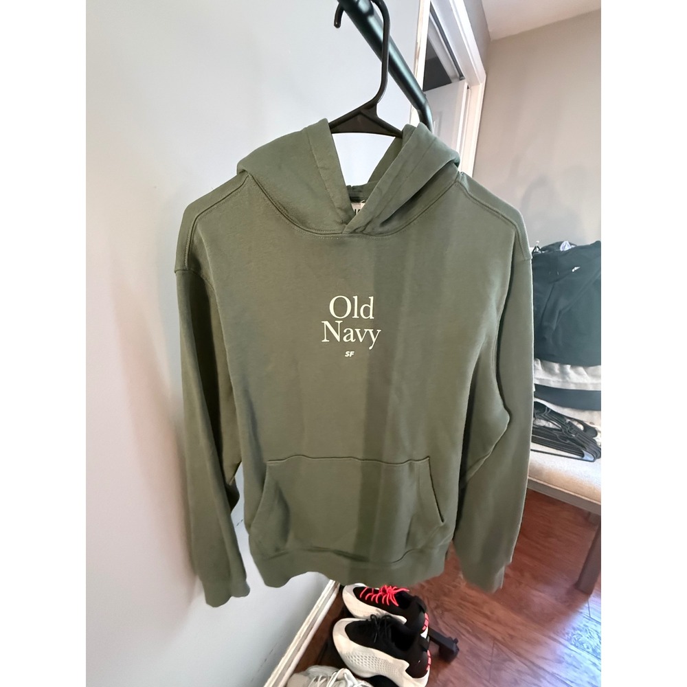 Old Navy Mens SF California Graphic Hoodie Olive Green Fleece Pullover Small